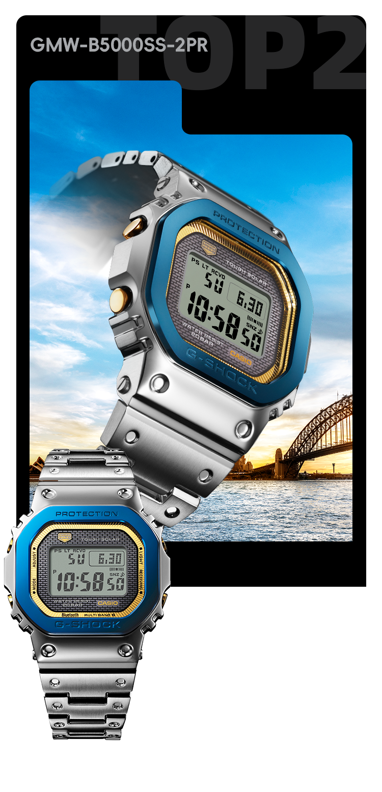 GMW-B5000SS-2 蓝金配色点亮炫目视觉，凹槽设计致敬初代CASIOTRON腕表，颇具收藏价值