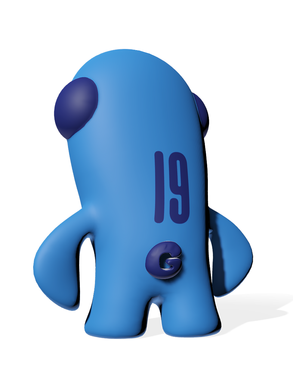 Back view of the blue character 'Duno,' inspired by the GA-2100.