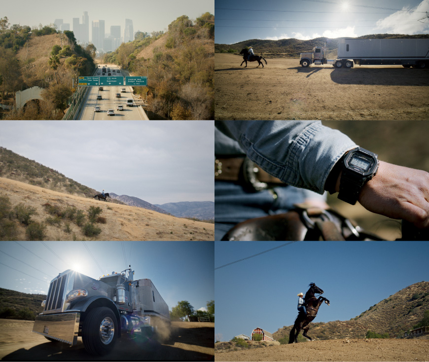 一张拼贴照片，展示了瓦斯奎兹岩石公园附近广袤的沙漠牧场和一辆半挂卡车。