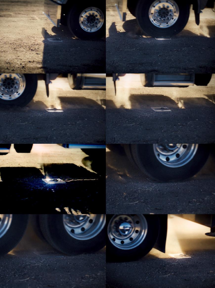 8 张照片拼贴在一起，显示一只固定在地上的 G-SHOCK 手表被一辆半挂卡车碾过。